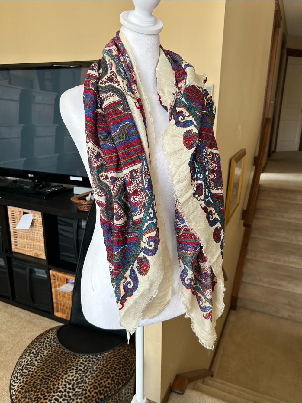 Cream Paisley Print Scarf with Red, Blue & Green Accents